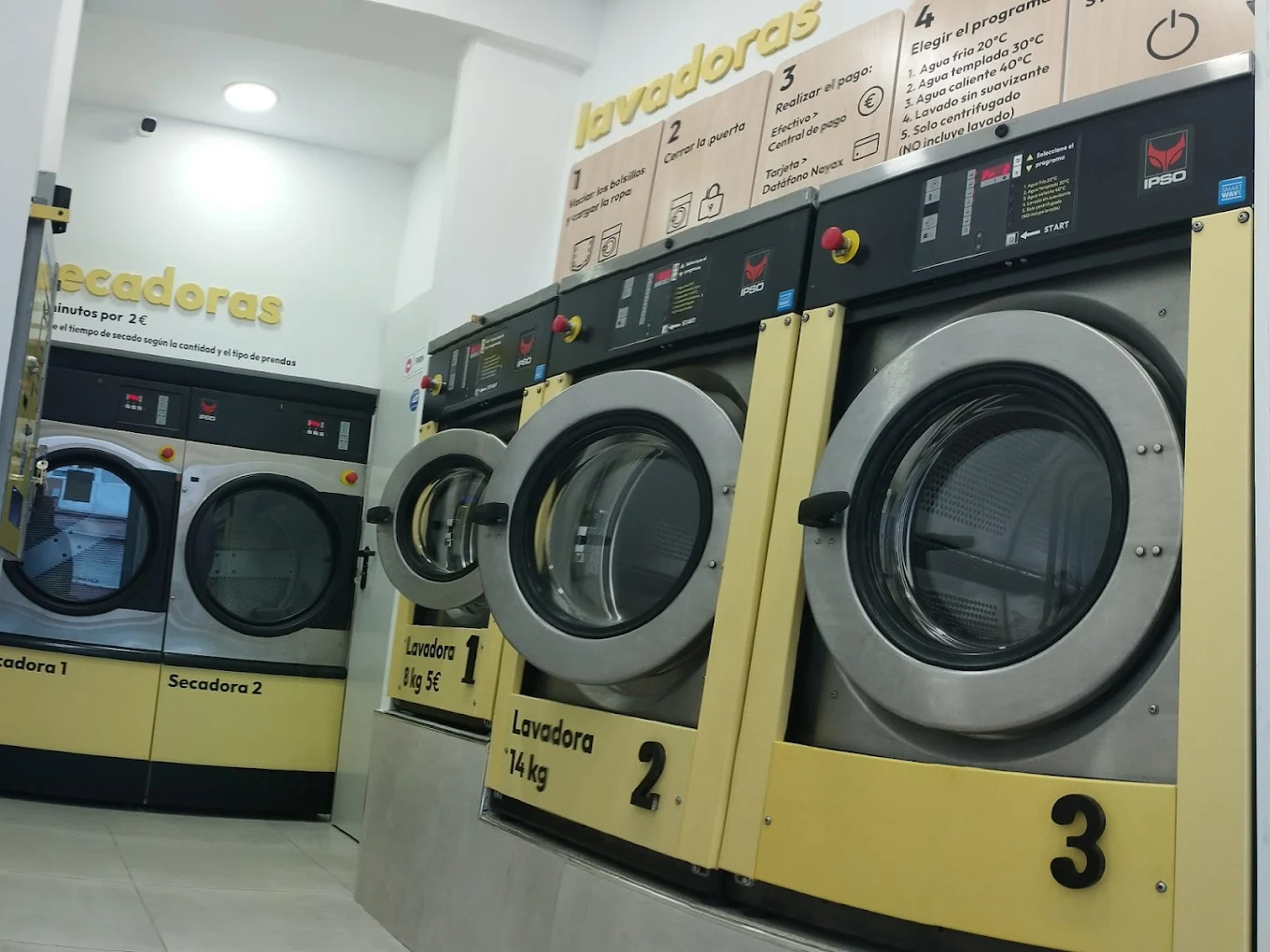 Fila de lavadoras profesionales numeradas